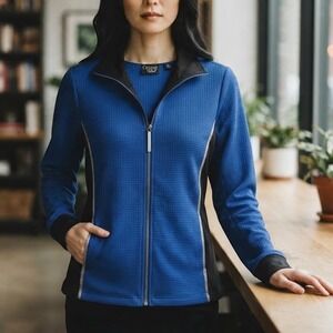 Onque Casual Jacket Womens Large Blue Black Full Zip Glitter Trim Waffle Knit EX
